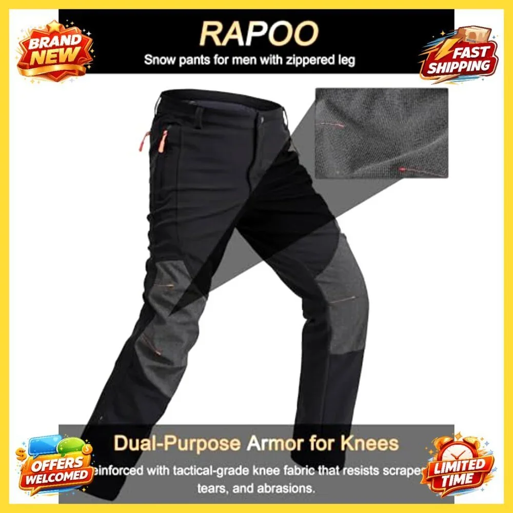 Men's Waterproof Fleece-Lined Ski Pants, Windproof Softshell with Zippered